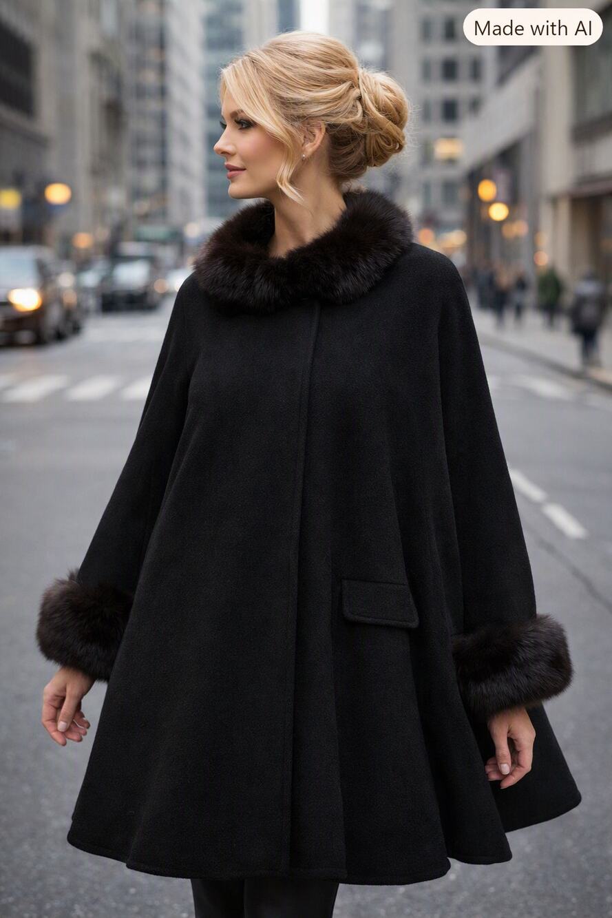 Nina Ricci Swing Coat Black LG Fox Fur Neck Cuffs Cashmere Merino Wool VTG Wool